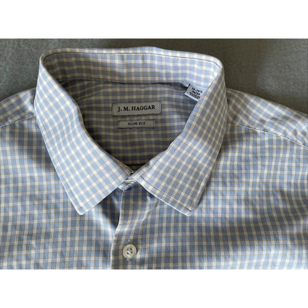 J. M. Haggar Mens Dress Shirt 16 1/2-34/33 Slim Fit Performance Gingham Check - Picture 3 of 12